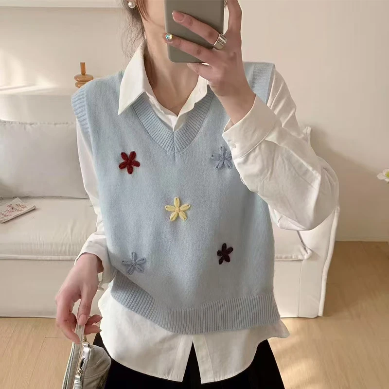 针织马甲女短款春秋花朵多巴胺小个子甜美套头V领毛衣背心马夹