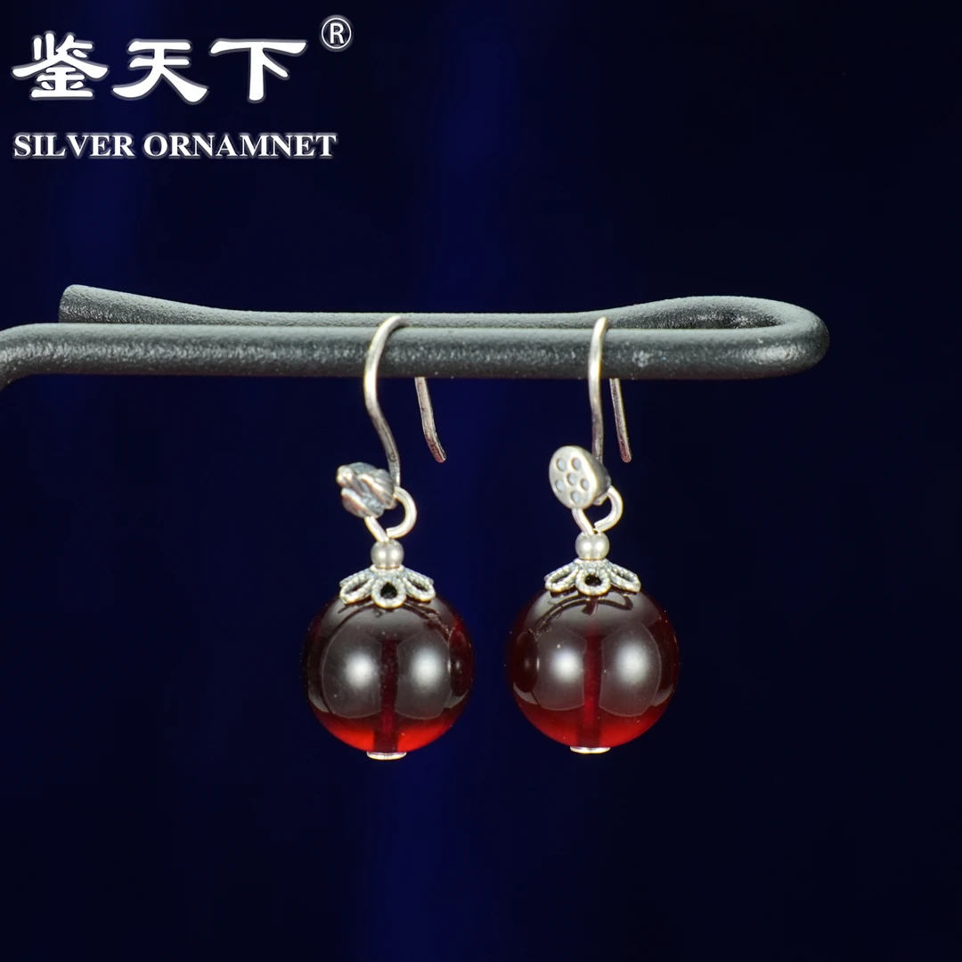 [鉴天下]复古血珀圆珠莲蓬耳饰07220063