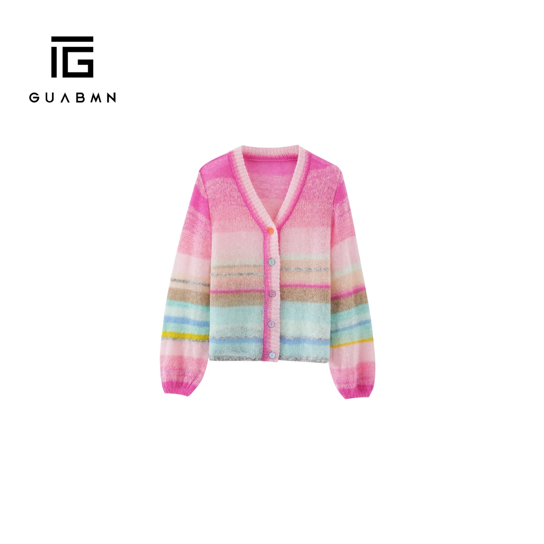 GUABMN2025冬季新款彩虹撞色复古高端灯笼袖针织开衫毛衣226