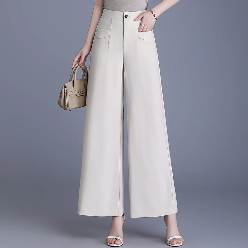 白色高腰窄版直筒裤裤子妈妈装夏季透气休闲裤中长遮肚子阔腿裤