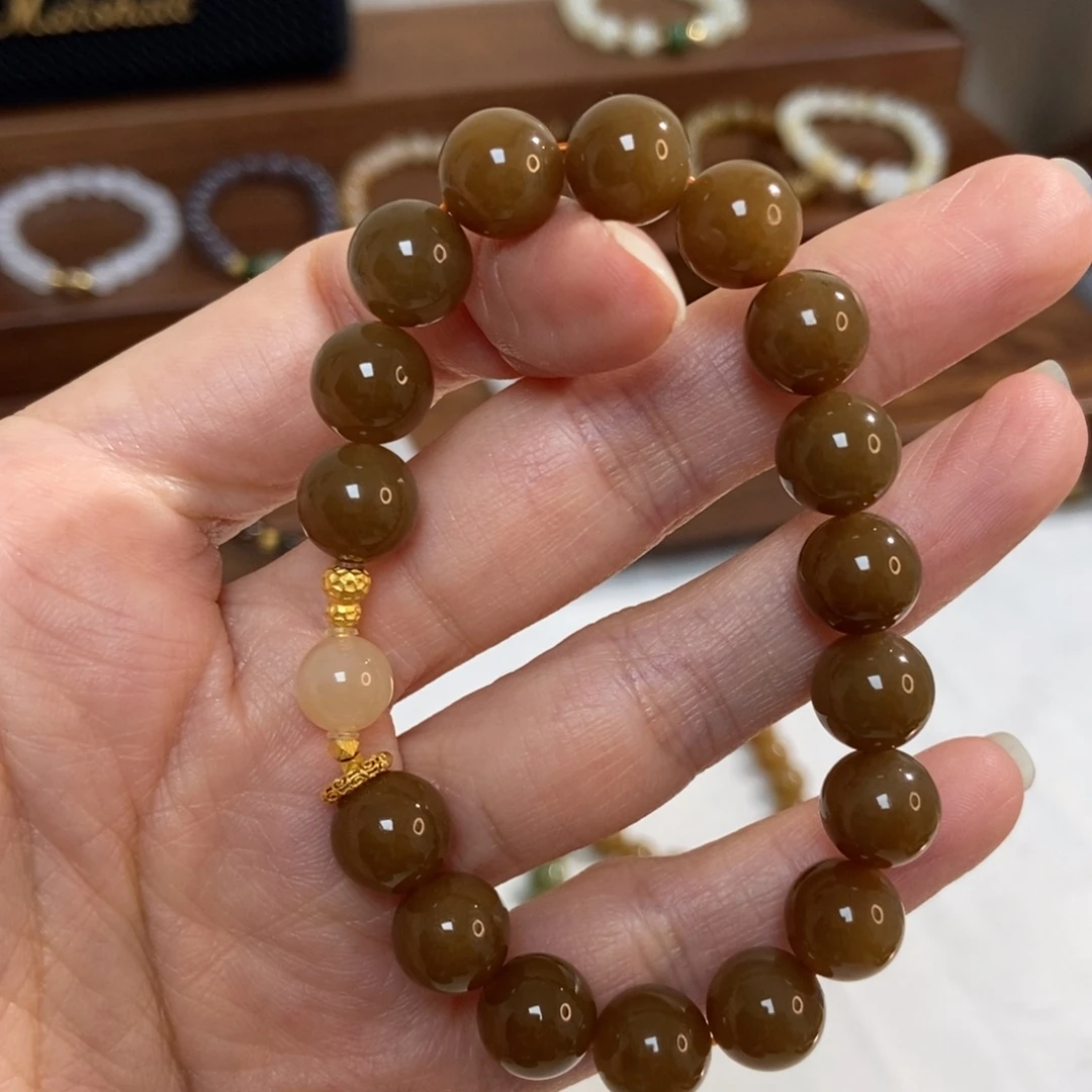 和田玉18K金镶嵌手链10mm且末糖精品