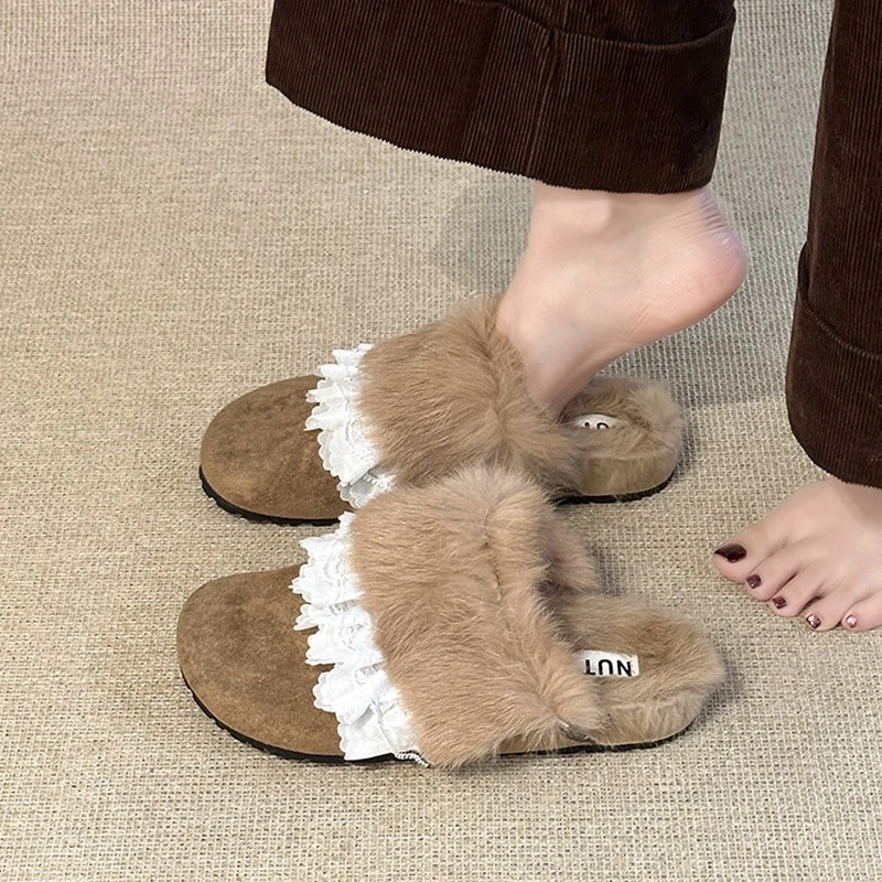 厚底毛毛鞋女外穿休闲包头半拖鞋一脚蹬增高保暖2025新款居家冬季