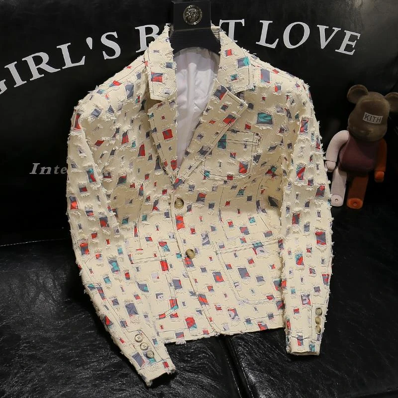 2025秋季新款韩版男士彩虹破洞补丁西装设计感复古修身西服外套潮