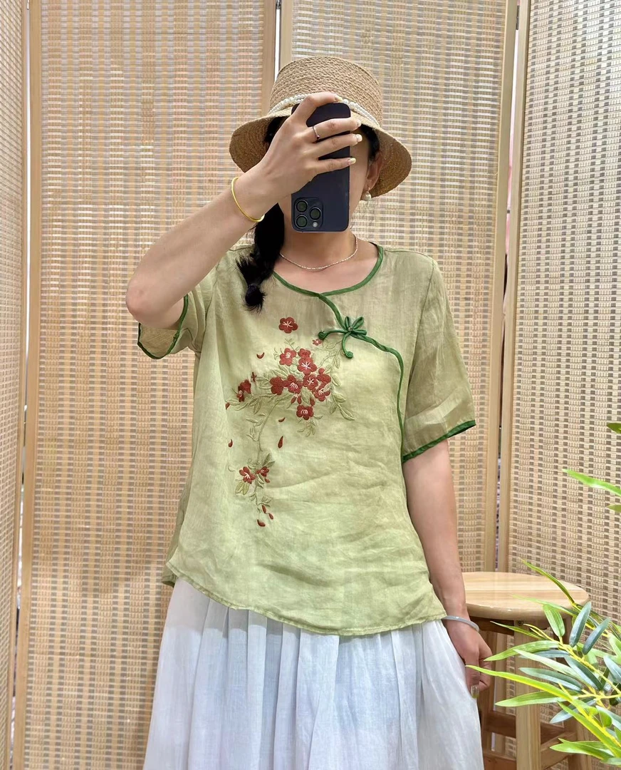 【高姐】新中式宽松苎麻小衫刺绣圆领短袖上衣1126-1肩40胸114长58