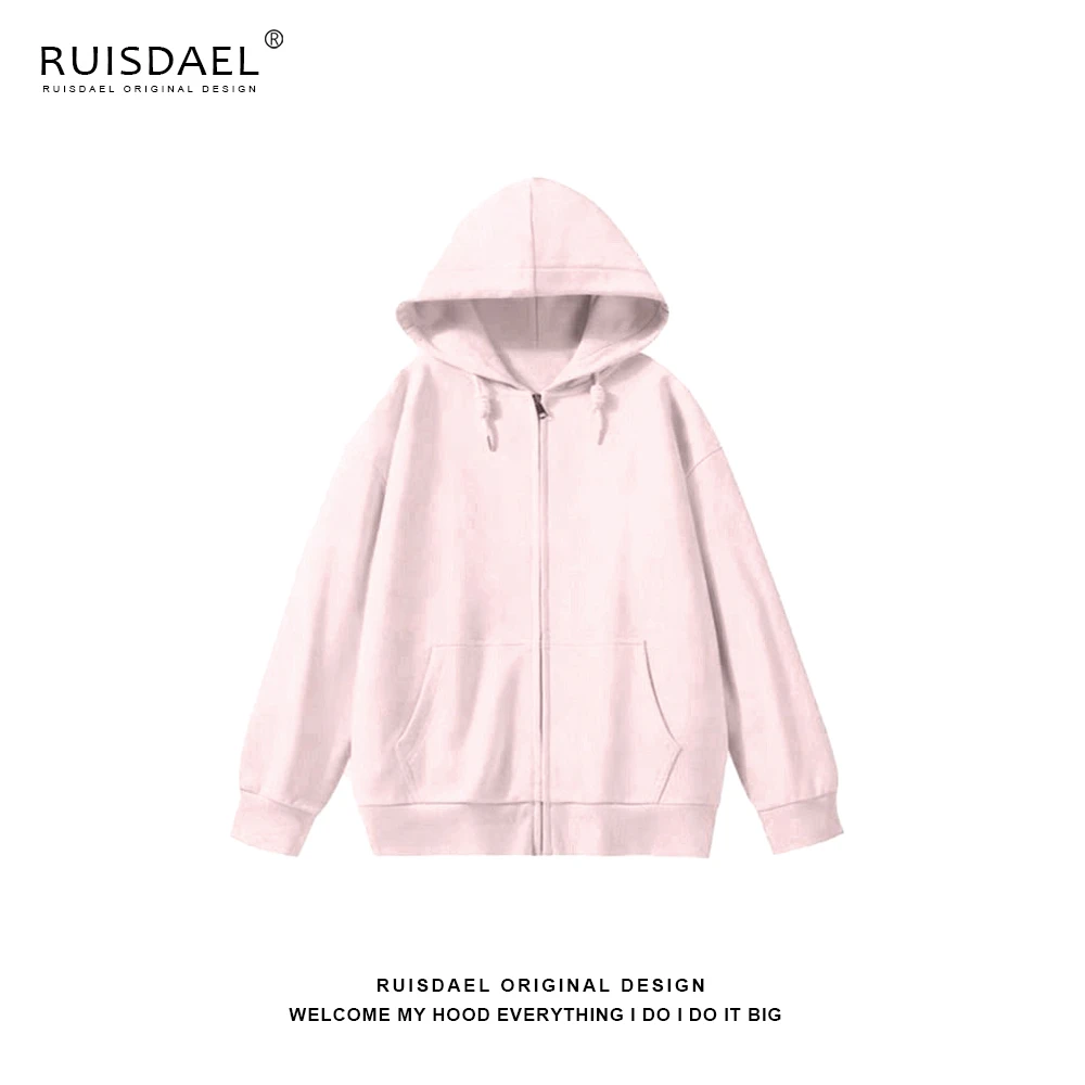 RUISDAEL早秋款学院风纯色拉链连帽卫衣女设计感休闲潮流外套上衣