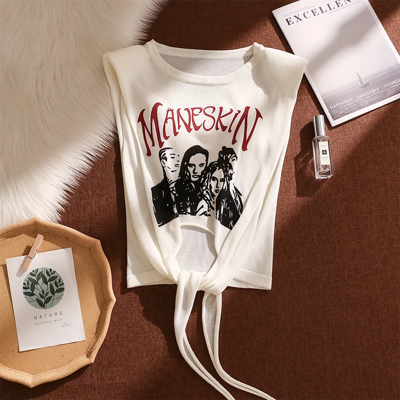 辣妹印花针织吊带背心女外穿2025新款设计感小众绑带收腰打底上衣