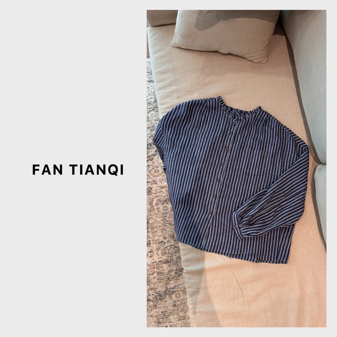 范天奇/FAN TIANQI【蓝水条】蓝水条纯亚麻木耳边大衬衫FYSH55154-2
