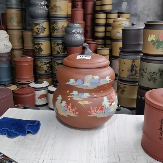 紫砂茶叶罐大葫芦红降坡山水100