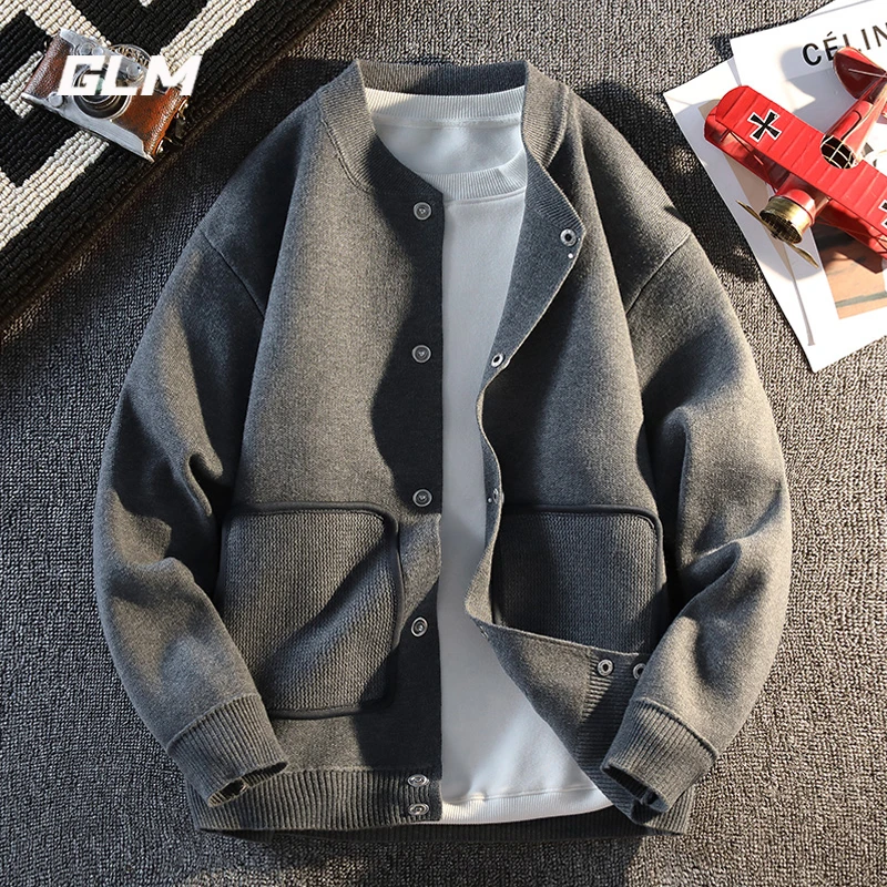 GLM纯色圆领针织衫外套男士秋冬季轻奢休闲宽松百搭开衫毛线衣
