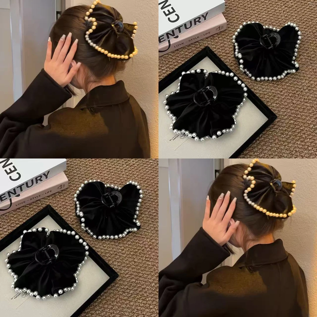 法式丝绒珍珠抓夹女高级感气质盘发鲨鱼夹2025新款后脑勺优雅发饰