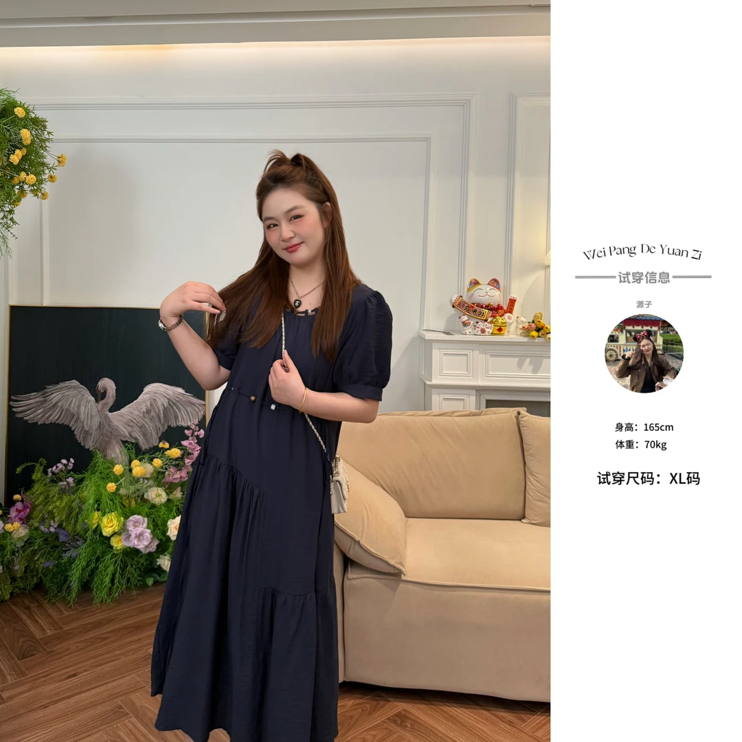 楠序【霁月清风】源子微胖女装 2025年夏复古风藏青色连衣裙YZ36675