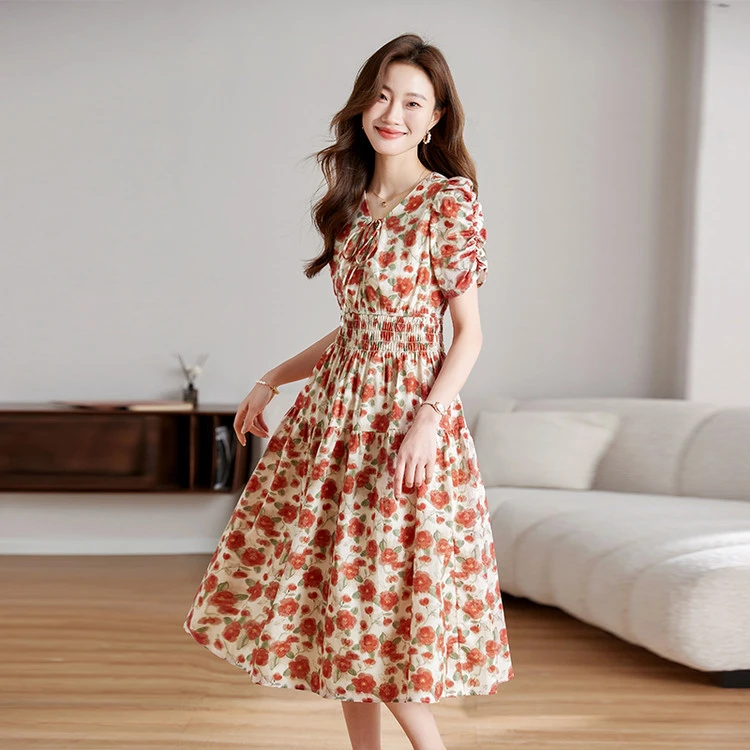 100棉夏季短袖V领碎花印花连衣裙女装洋气质松紧腰修身小个子裙子