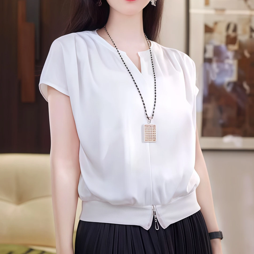 通勤新款短袖衬衫时尚气质缎面显瘦透气高档上衣女2025设计感上衣