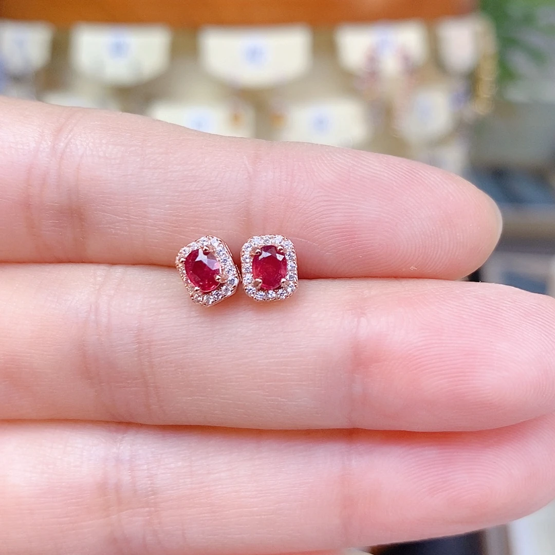 耳饰银S925镶嵌红宝石