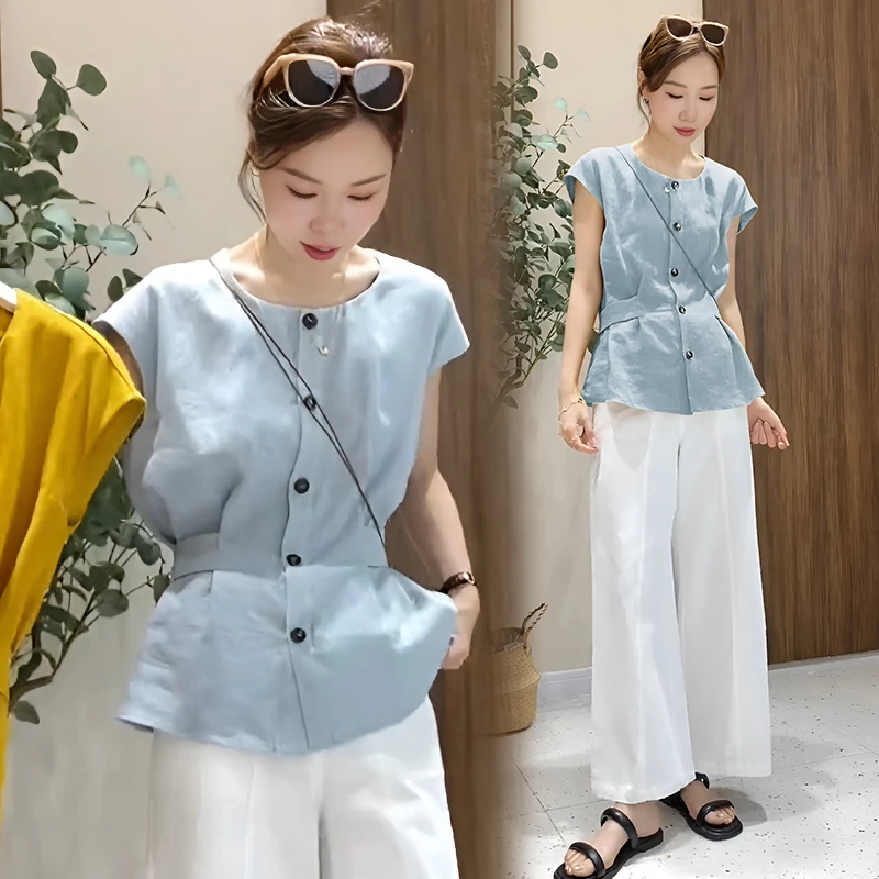 2025年夏季新款圆领收腰无袖衬衫女今年流行夏季港风白色无袖衬衫