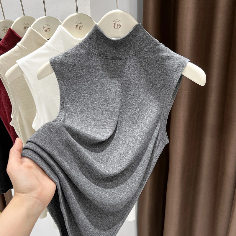 高档磨毛小吊带背心女洋气内搭半高领无袖打底衫春秋新款灰色上衣