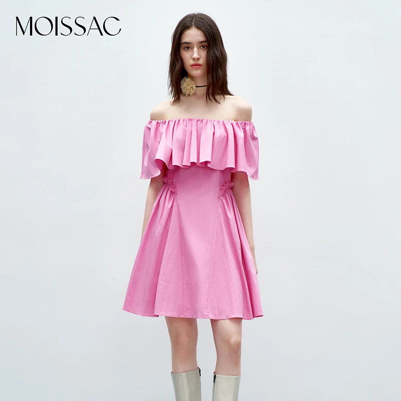 【moissac摩萨克】新款玫红一字领荷叶边露肩连衣裙MWDQ50050