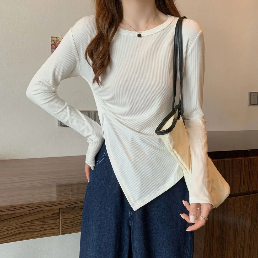 2625#大码新款胖MM不规则开叉显瘦上衣长袖打底衫