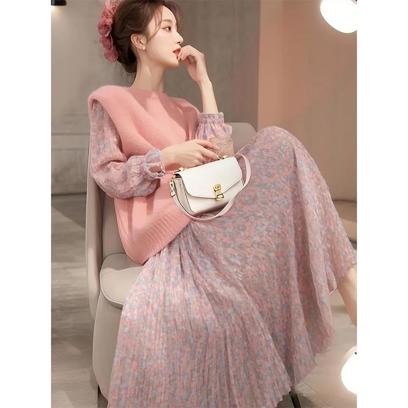 韩系碎花连衣裙外搭针织马甲女2025年新款春季穿搭裙子洋气两件套