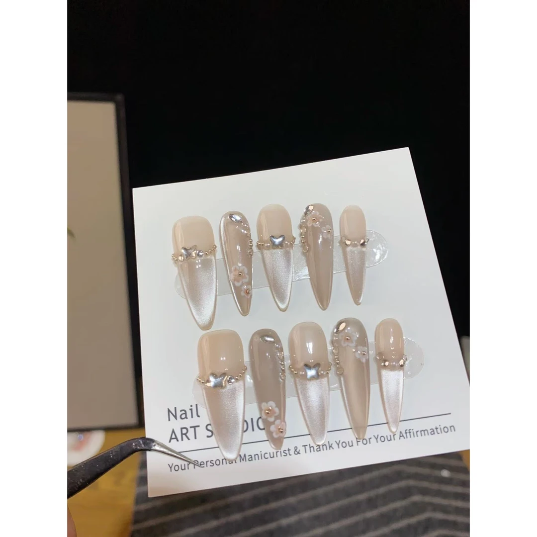 【桃花坞】纯手工穿戴甲猫眼气质显白轻奢温柔百搭款可拆卸美甲贴