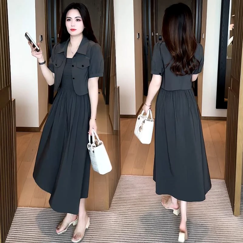 吊带连衣裙两件套2024夏季新款洋气减龄高腰显瘦气质小香风套装女