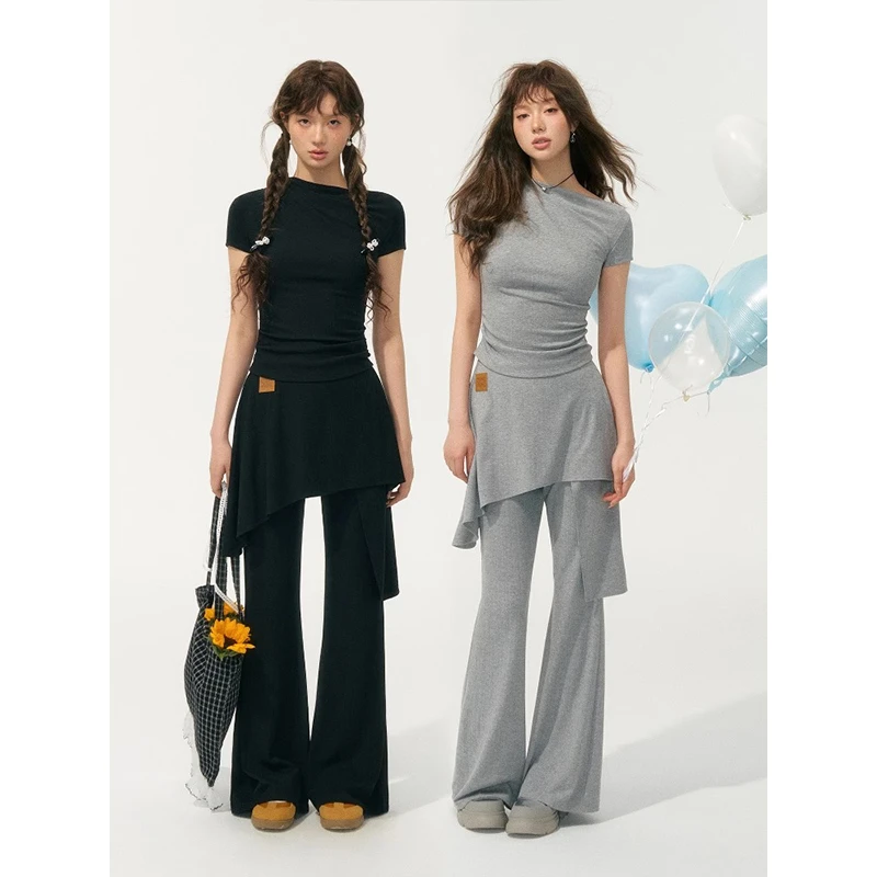 品质女装甜辣一字肩不规则云感斜肩堆褶T恤/云感假两件微喇裙裤