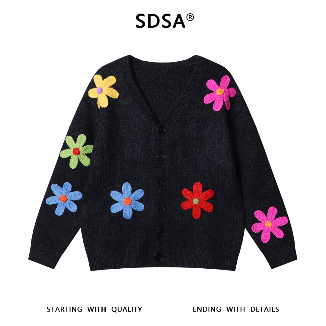 SDSA男士秋冬新款痞帅男装慵懒风彩色立体花朵针织衫V领开衫毛衣