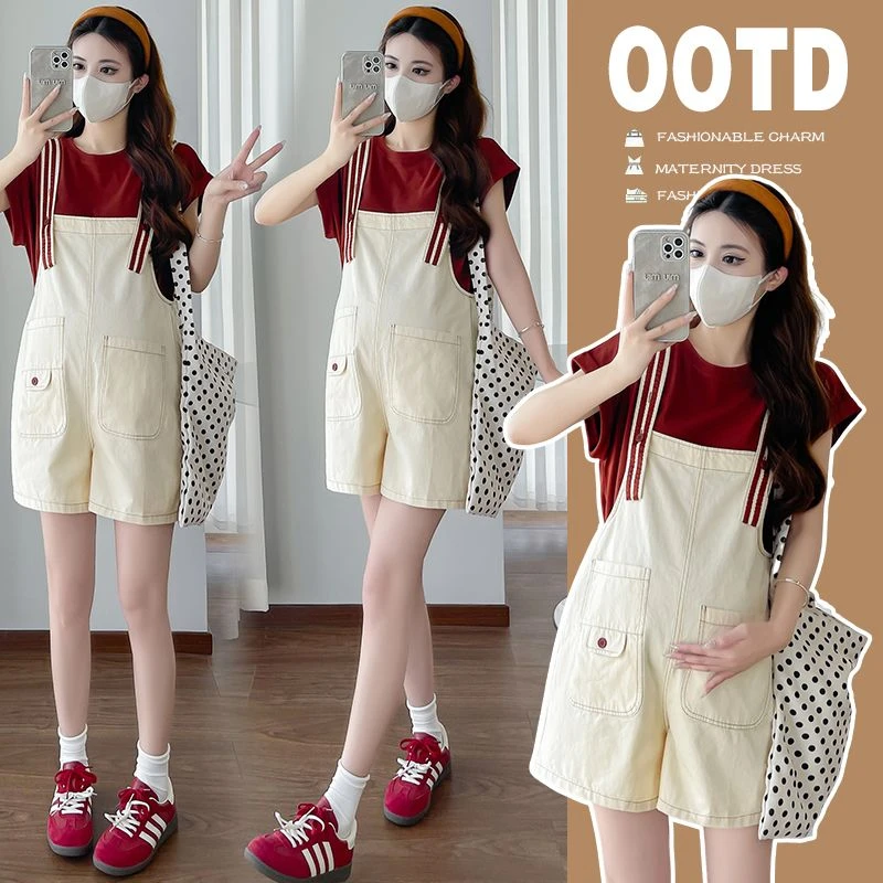 孕妇装2025夏季新款宽松甜美背带裤套装短袖上衣休闲阔腿裤两件套