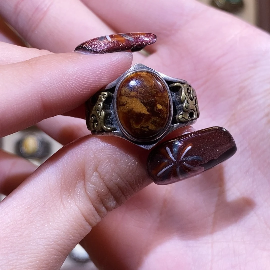 琥珀戒指银S925镶嵌戒指