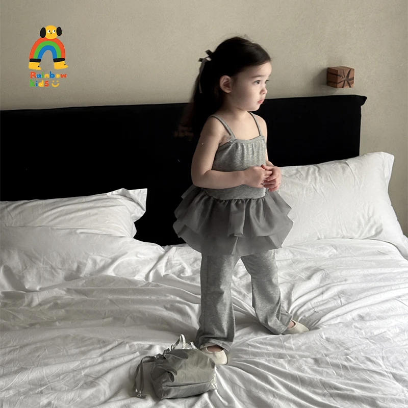 【彩虹家】2025夏款韩系休闲花灰色百搭套装-88059