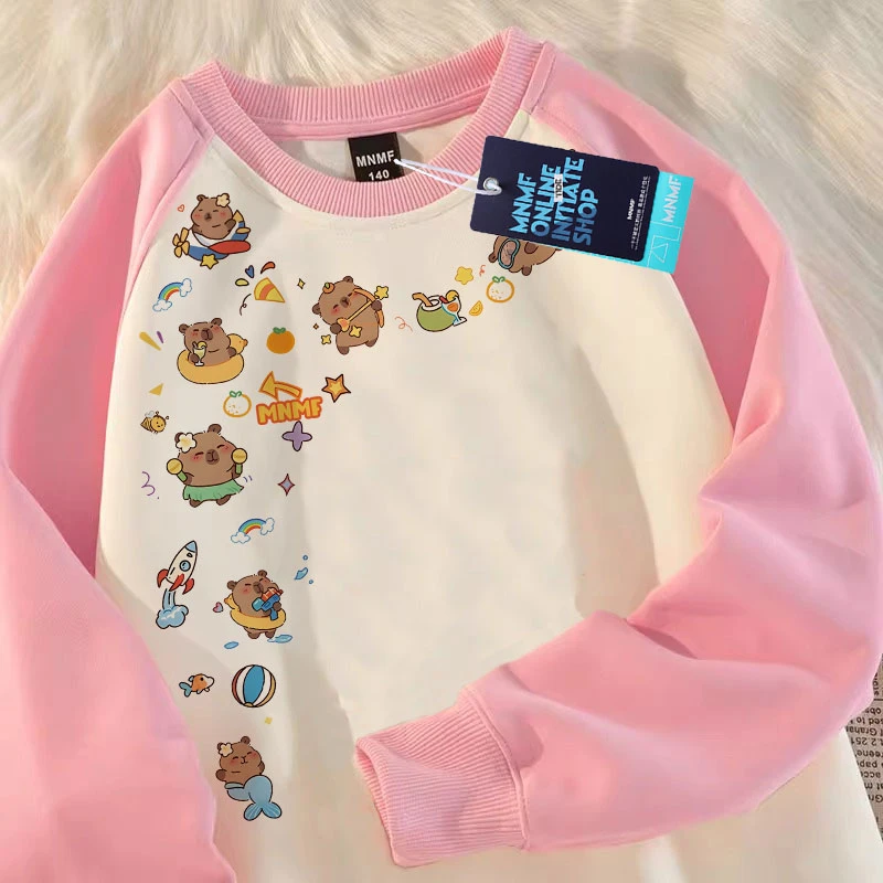 可爱ins卡皮巴拉印花男女童插肩圆领卫衣冬季新款宽松百搭上衣服