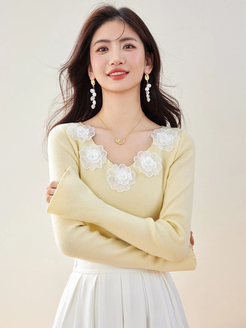 实拍2025新款法式立体化朵修身显瘦打底针织衫上衣