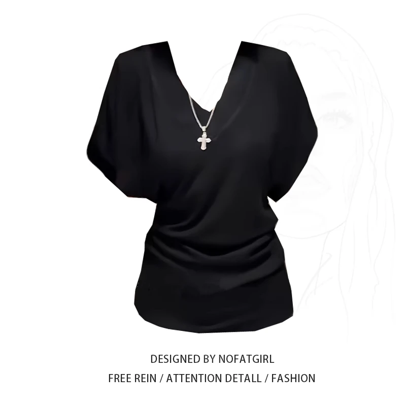 韩系慵懒风宽松V领短袖T恤女夏季大码胖MM显瘦修身掐腰蝙蝠袖上衣