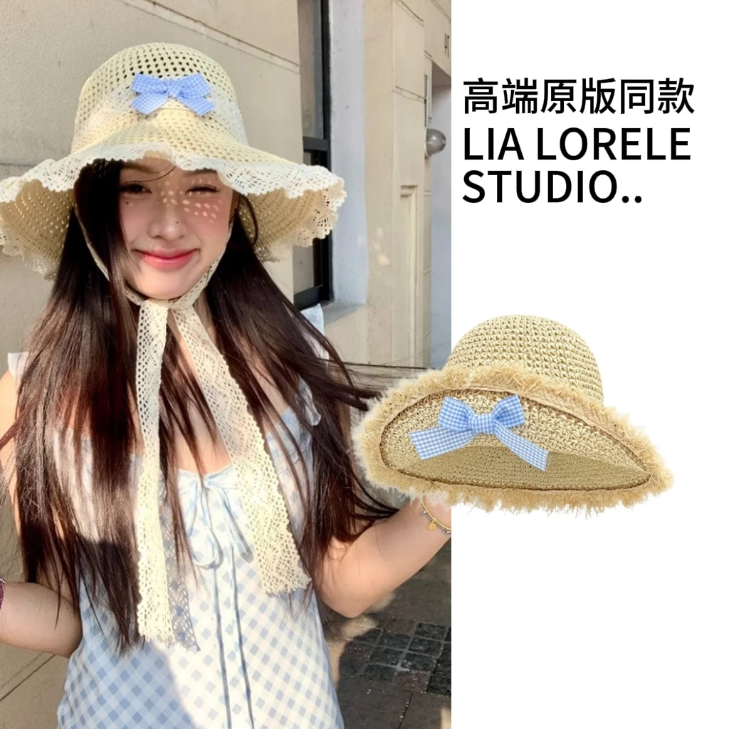 2025年新款大帽檐草帽女春夏季蕾丝花边渔夫帽海边防晒草编沙滩帽