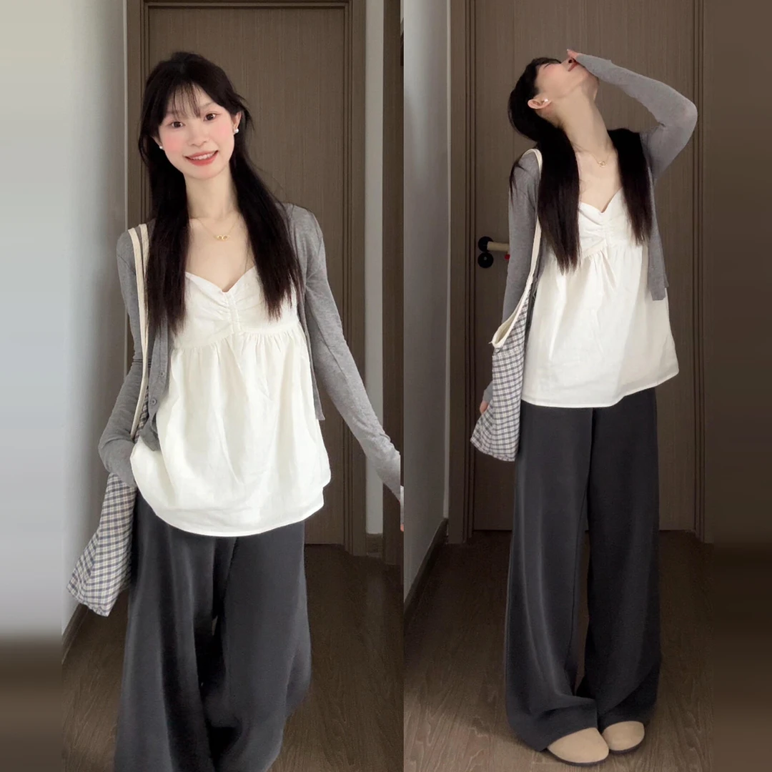 韩系穿搭白色v领吊带背心女夏季2025新款外穿防晒衫无袖上衣套装