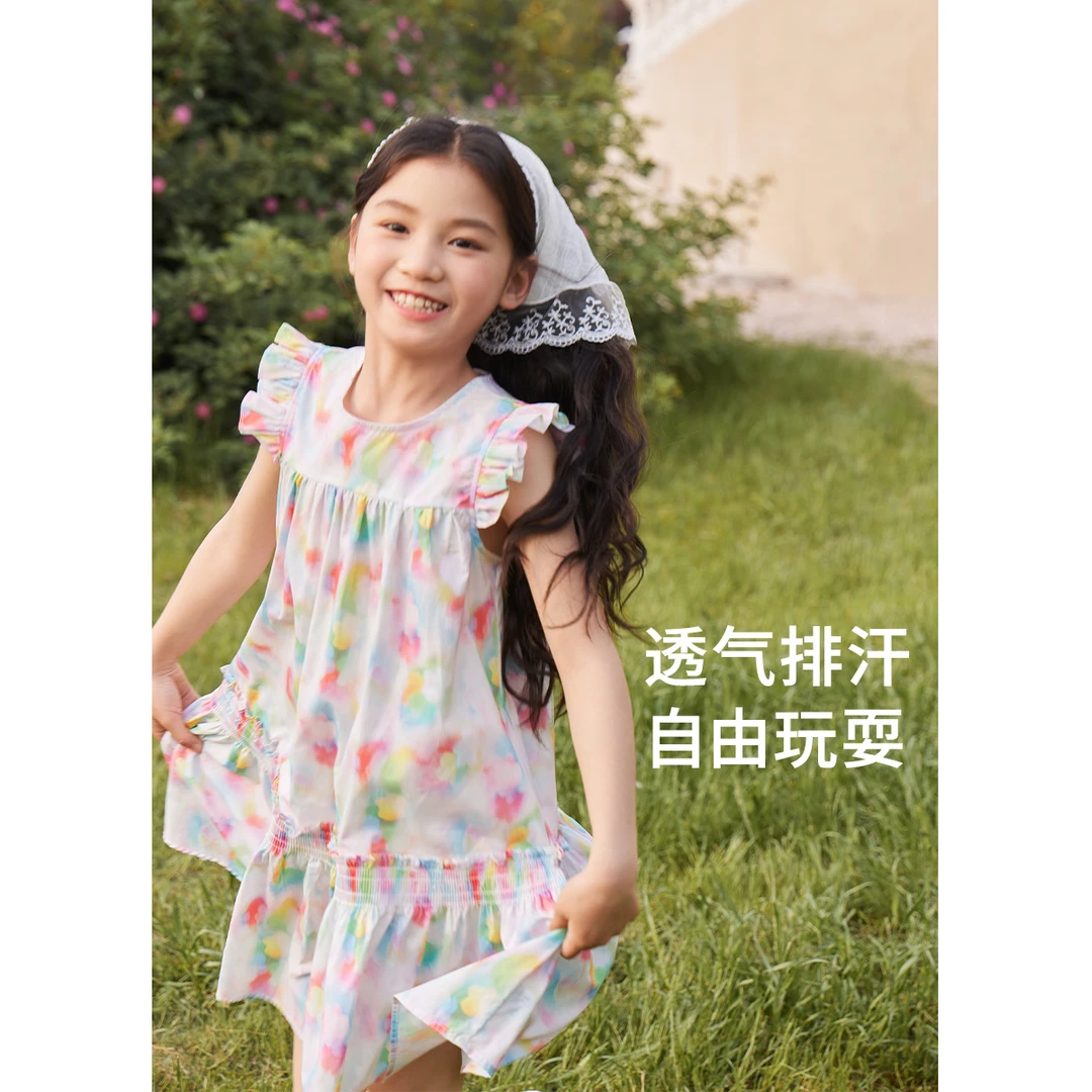 皇室童缘女童印花连衣裙女宝小飞袖公主裙荷叶边裙子17680470020