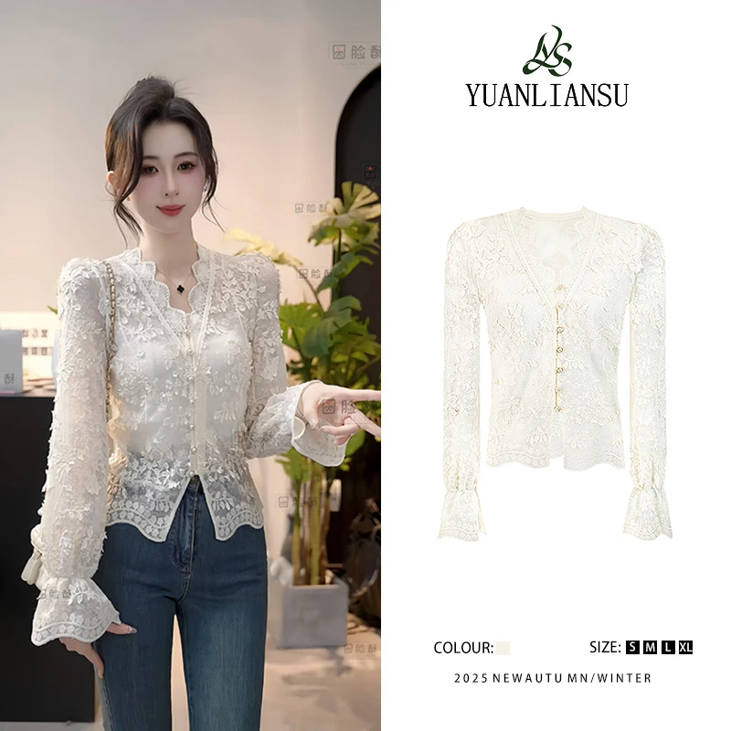 YUANLIANSU/圆脸酥【桃花洛春】时尚法式百搭钩花蕾丝刺绣V领衬衫