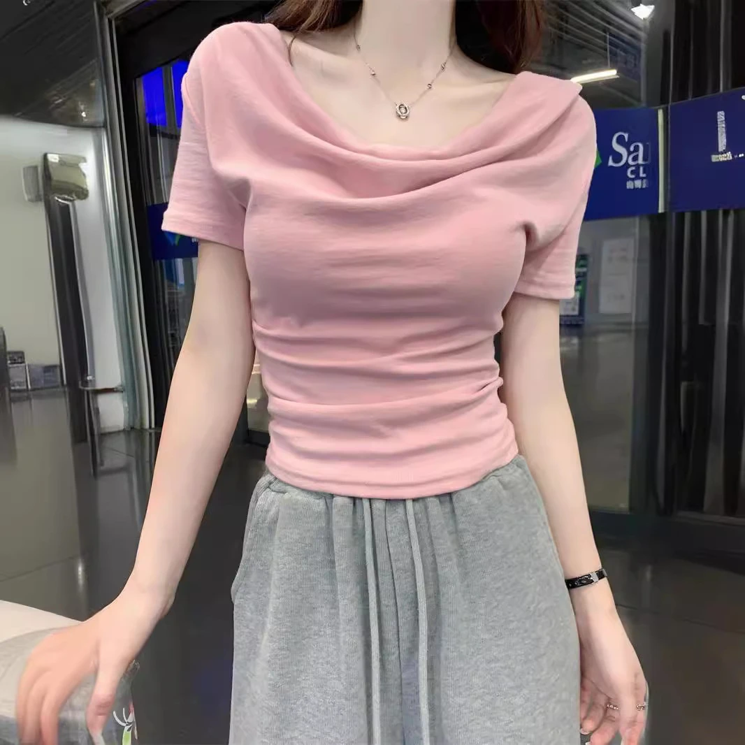 【C1008】荡领短袖打底衫女性感设计款纯欲辣妹T恤罗纹夏季上衣潮