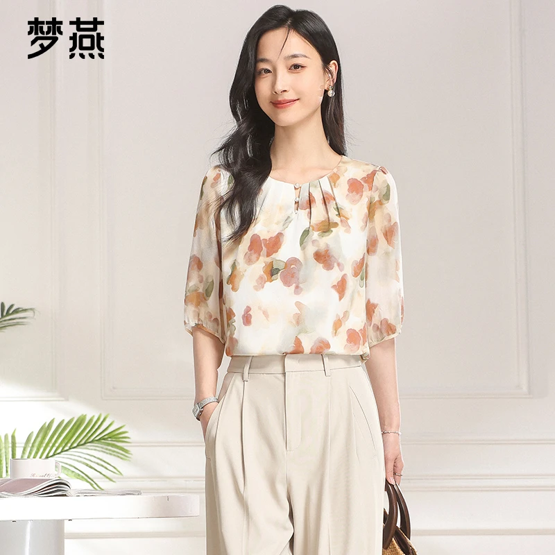 梦燕夏季女气质时尚印花国风衬衫新中式碎花休闲上衣BS01B4513