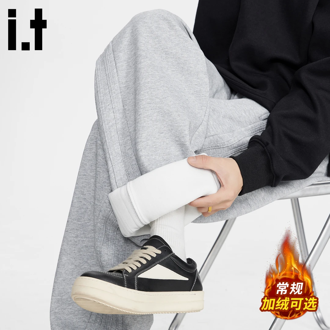i.t:CHOCOOLATE加绒休闲裤子男士秋冬季新款宽松阔腿直筒保暖卫裤