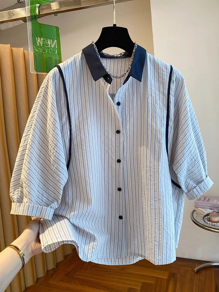 条纹短袖衬衫女夏季2025新款宽松休闲洋气薄款小衫五分泡泡袖上衣