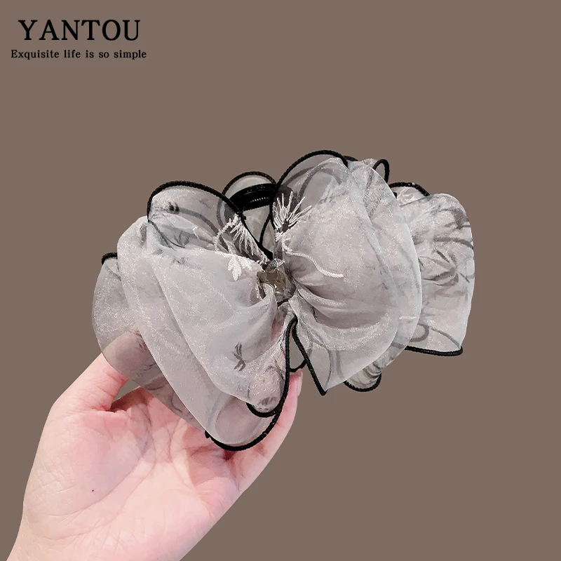 新中式灰色网纱抓夹夏季印花蝴蝶结发夹后脑勺盘发鲨鱼夹古风发饰