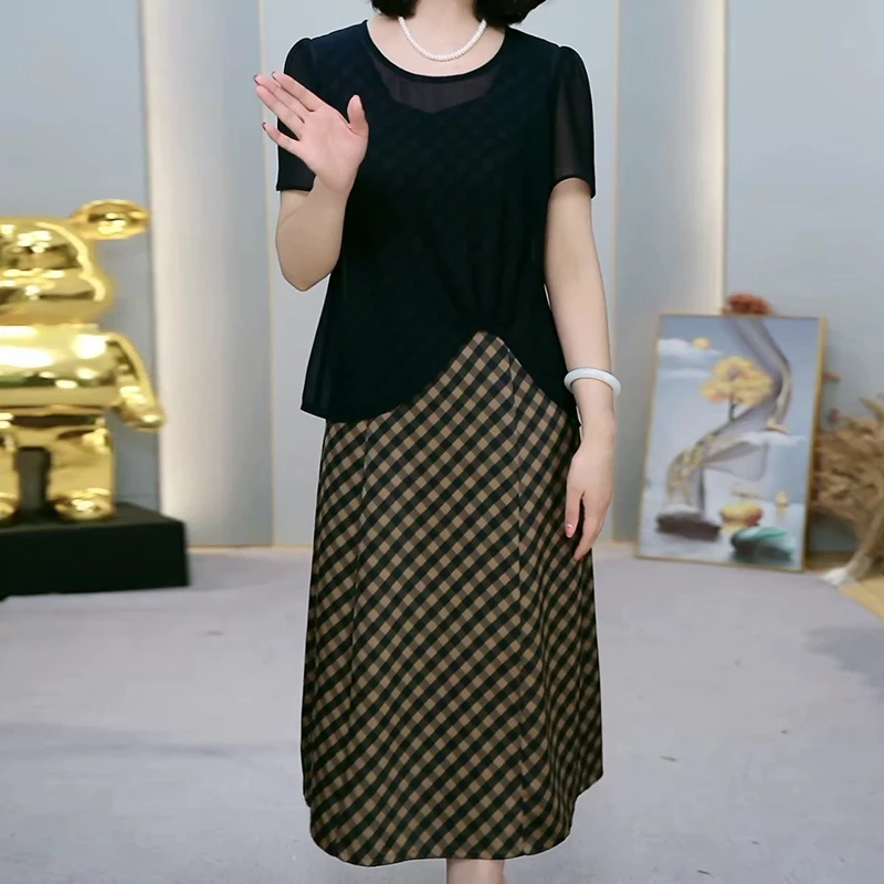 H977 连衣裙2025新款女夏季妈妈高贵夫人轻奢高级感腰裙两件套装