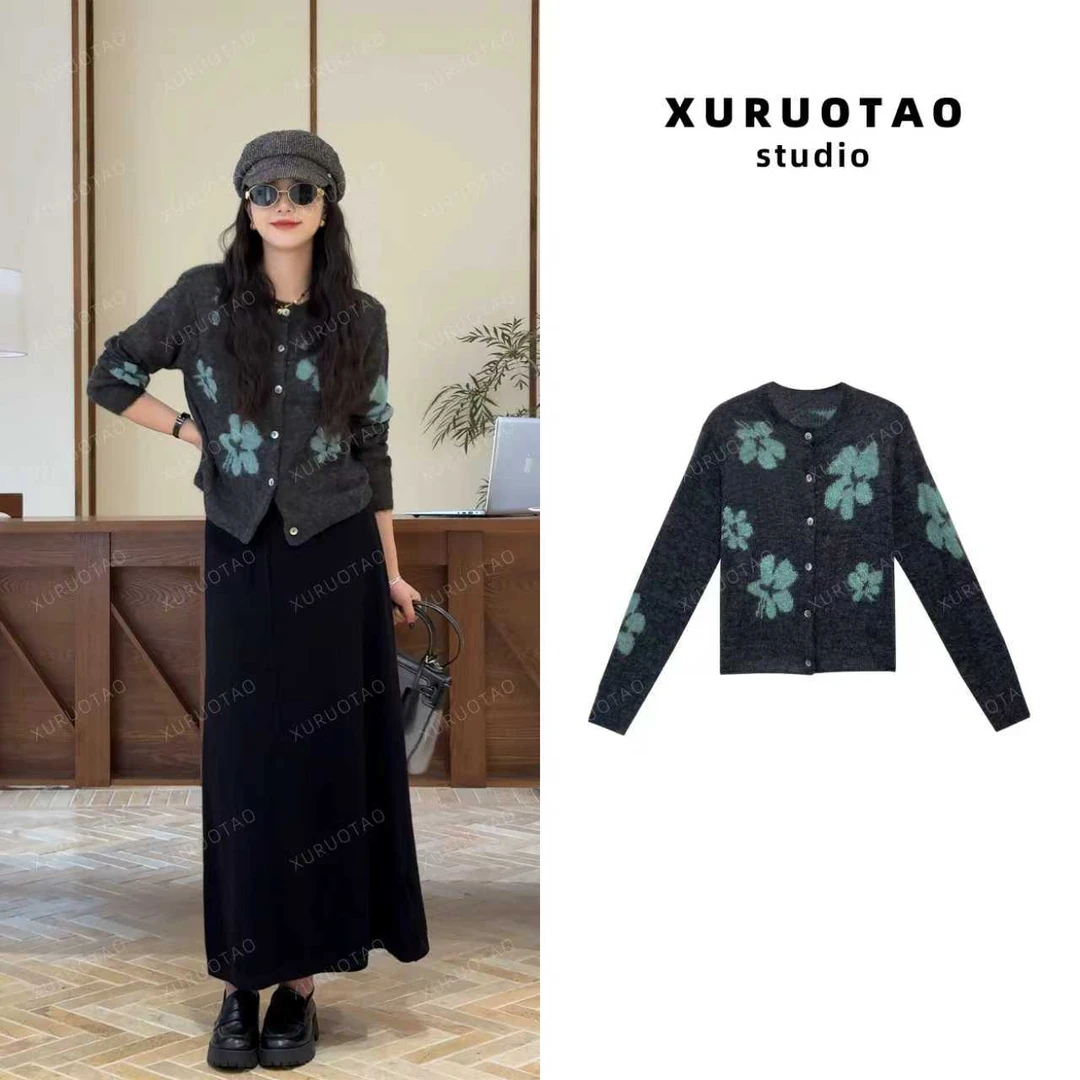 XURUOTAO 【秀场薄荷花】羊毛花朵设计显瘦百搭灰色上衣 T5596
