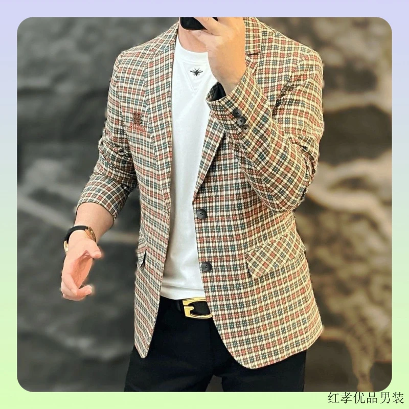 春秋季休闲时尚潮流百搭男士格子修身小西装2023-2025高级感男装