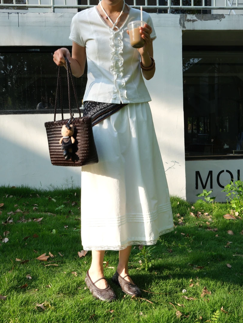 【DQ Natural】“浮生”拼接镂空花边束腰半裙 773329