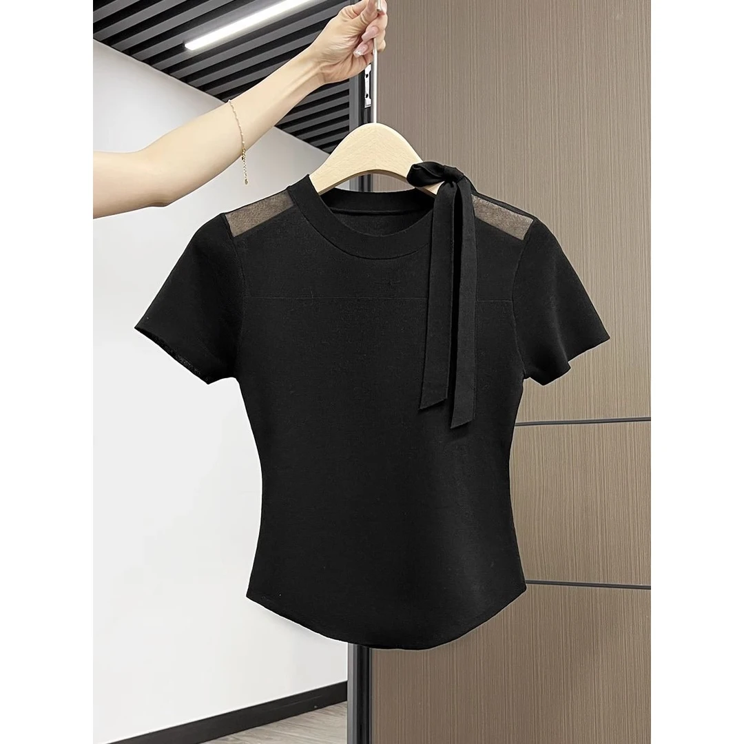 网纱圆领蝴蝶结系带设计短袖针织衫夏不规则弧形下摆收腰显瘦上衣