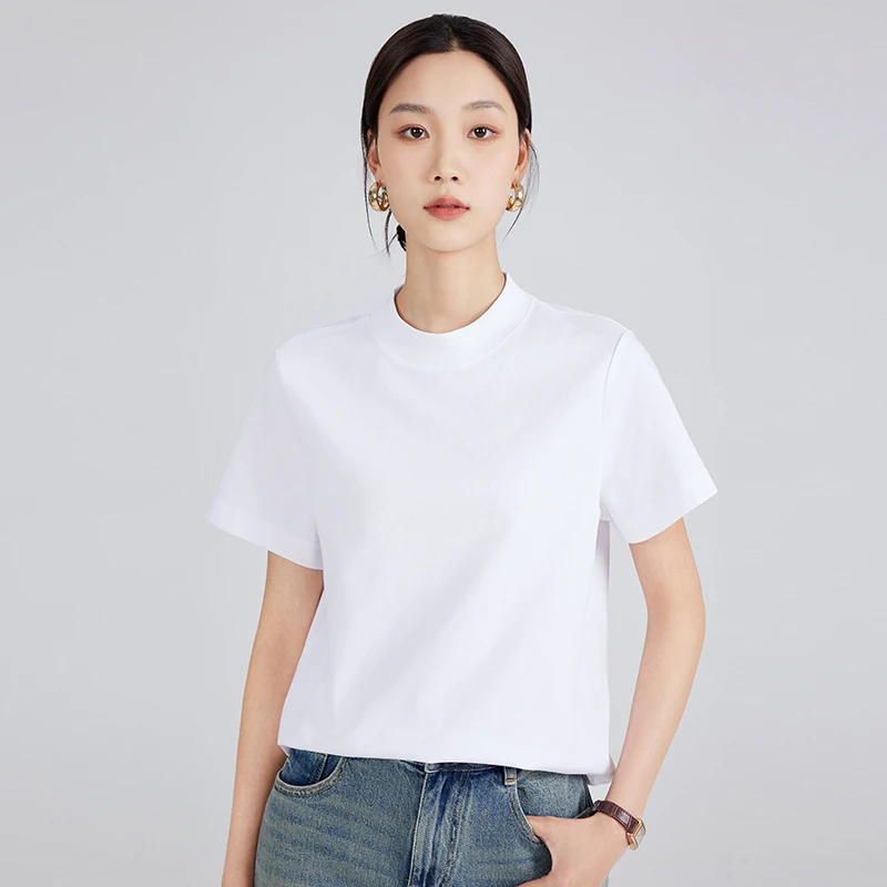 夏季新款休闲纯白t恤女短袖圆领修身半袖正肩复古高领显瘦女款