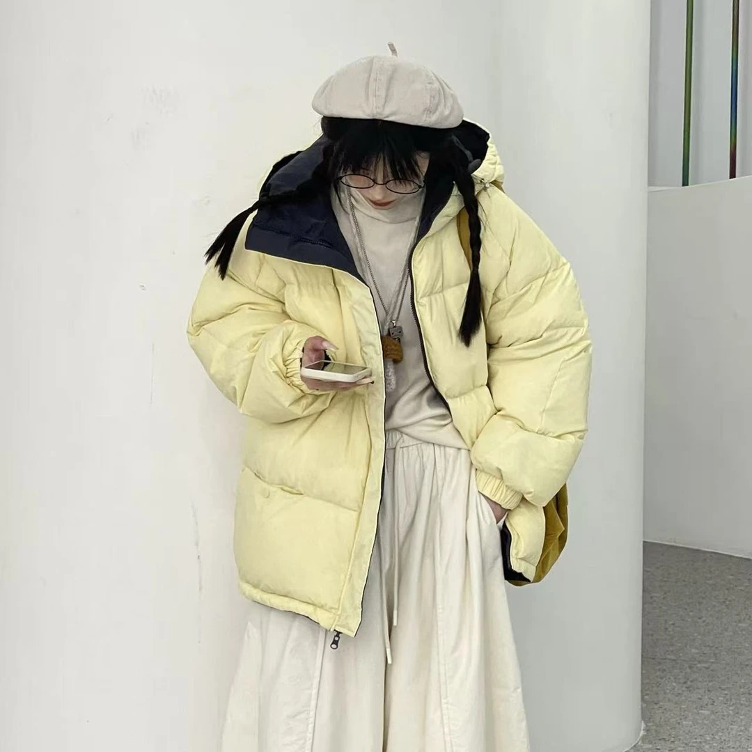 冬季新款纯色宽松复古风连帽羽绒服两面穿面包服F6096款