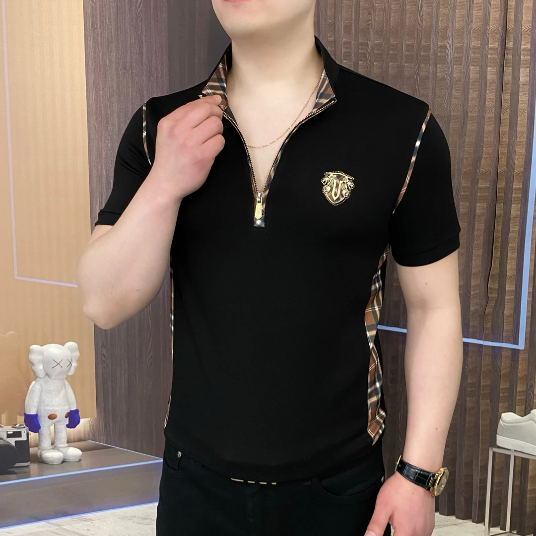 2025春夏季男士拉链拼接轻奢t恤时尚休闲百搭半袖潮流修身帅气